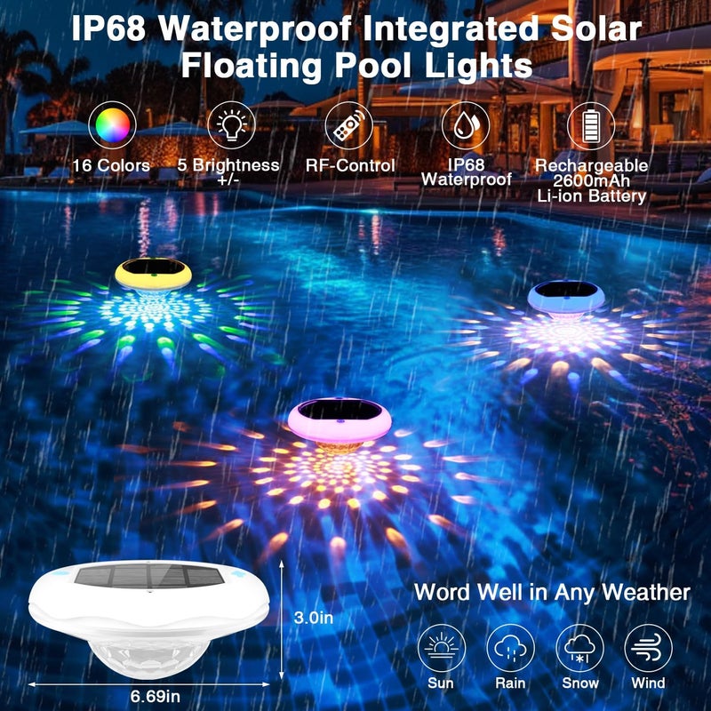 QOLNBY Solar Powered and USB Rechargeable Floating Pool Lights, 6.69 Inch IP68 Waterproof Pool Lights That Float 6 Dynamic Modes with Remote Upper and Lower Glow 2600mAh Hangable Solar Light for Pond 2 PACK - Image 4